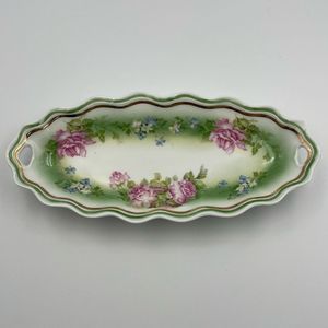 Welmar Germany Marked Antique 9" Oblong Plate Bowl Tray Roses Scallop Edge
